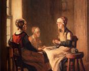 A Interior With Marken Girls Knitting - 克洛德·约瑟夫·贝勒